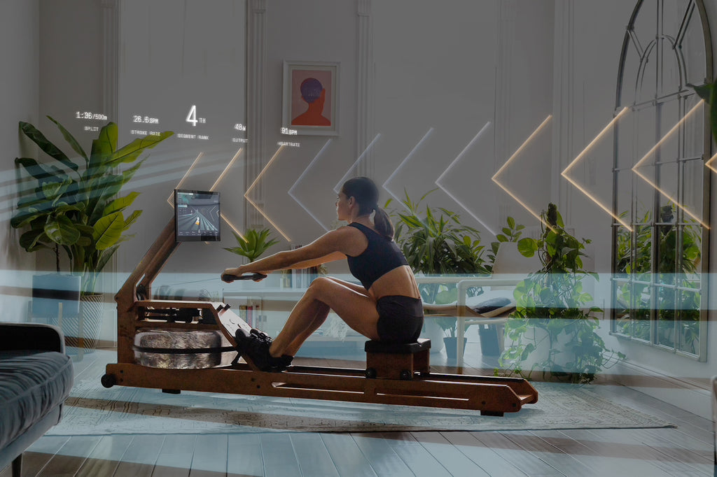 Woman rowing on ergatta with arrow animation around her